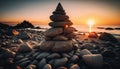 Pyramid of stones for meditation lying on sea coast at sunset. Generative Ai Royalty Free Stock Photo