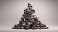 Pyramid of stylish boots showcasing diverse footwear collection in minimalistic setting Royalty Free Stock Photo