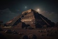 Pyramid of Sun in Teotihuacan at night, fantasy view of ancient ruins in Mexico created by generative AI