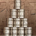 Pyramid of tin cans for can throwing at a fair Royalty Free Stock Photo