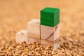 A pyramid of toy cubes in a pile of whole grain wheat seeds