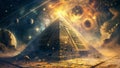 A pyramid of wisdom, surrounded by planets. Eternal temple of wisdom, esoteric, hermetic and cabal fantasy concept Royalty Free Stock Photo