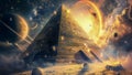 A pyramid of wisdom, surrounded by planets. Eternal temple of wisdom, esoteric, hermetic and cabal fantasy concept Royalty Free Stock Photo