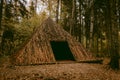 Pyramid of Wishes. Wooden pyramid in the mysterious Pokaini Forest near Dobele, Latvia during cloudy autumn day