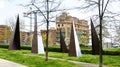 Pyramidal sculptures in gardens of Collblanc