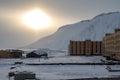 Pyramiden, Norway - August 2017: Hotel Tulpan and old buildings in Pyramiden in Svalbard archipelago. Royalty Free Stock Photo