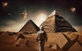 The pyramids and astronaut, in the style of collage-inspired