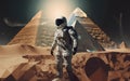 The pyramids and astronaut, in the style of collage-inspired