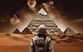 The pyramids and astronaut, in the style of collage-inspired