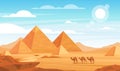 Pyramids in desert flat vector illustration. Egyptian landscape panoramic cartoon background. Bedouin camels caravan and