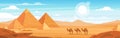 Pyramids in desert flat vector panoramic illustration. Egyptian landscape at daytime cartoon background. Camels caravan
