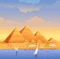 Pyramids of Egypt against the background of the evening sunset. Pyramid of Cheops in Cairo in Giza. Vector illustration