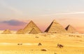 Pyramids of Egypt at sunset with tourists nearby, Giza desert, Cairo Royalty Free Stock Photo