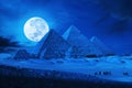 Pyramids Giza Cairo Egypt With Camel Train,caravane At Full Moon Lit Night Phantasy
