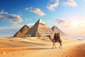 The pyramids of Giza and camel in the desert of Egypt, pyramids giza cairo in egypt with camel caravane panoramic scenic view, AI Royalty Free Stock Photo