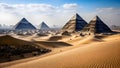 Pyramids of Giza, Egypt, view of the pyramids from a desert dune