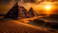 Pyramids of Giza, Egypt, view of the pyramids at sunset