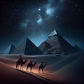 The Pyramids of Giza by night in Egypt. AI Generative