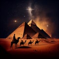 The Pyramids of Giza by night in Egypt. AI Generative