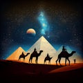 The Pyramids of Giza by night in Egypt. AI Generative