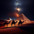 The Pyramids of Giza by night in Egypt. AI Generative