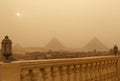 Pyramids in Giza at sandy storm Royalty Free Stock Photo