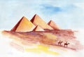 Pyramids in Giza and two camel riders painted in watercolor.