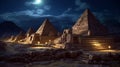 The Pyramids by night in Egypt. Majestic night scene with Great Pyramid Moon in starry dark blue sky