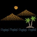 Pyramids and palm tree with wave embroidery stitches imitation