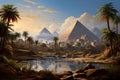 Pyramids, palm trees and water in Egypt in ancient times, fiction view