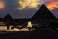 The Pyramids and the Sphinx in the evening show lights, Giza