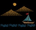 Pyramids with sun and boat embroidery stitches imitation