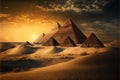Pyramids at sunset, Cairo, Egypt. Fantasy Egyptian landscape, generative AI Royalty Free Stock Photo
