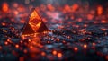 A pyramidshaped object sits atop a glowing liquid surface under a dark sky Royalty Free Stock Photo