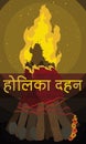 Pyre with Label Announcing Holika Dahan and Beginning of Holi, Vector Illustration