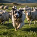 Pyrenean Shepherd Herding Sheep in Lush Meadow