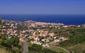 Pyrenees Orientales Vermilion coast landscape, vineyards fields with the village of Collioure Royalty Free Stock Photo