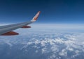 Pyrenees, Spain, December 17, 2019: Aerial view from airplane window on wing of Easyjet airlines and snow covered french Royalty Free Stock Photo