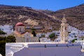 Church, whitewashed houses and arid landscape on Tinos Island