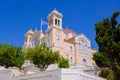 Facade of Church Agios Nikolaos over blue sky