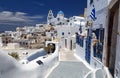 Pyrgos, Santorini, Greece. Famous attraction of white village with cobbled streets, Greek Cyclades Islands, Aegean Sea