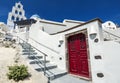 Pyrgos, Santorini, Greece. Famous attraction of white village with cobbled streets, Greek Cyclades Islands, Aegean Sea