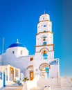 Pyrgos Santorini Greece, white church with bleu dome at the Greek Island Santorini Royalty Free Stock Photo