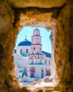 Pyrgos Santorini Greece, white church with bleu dome at the Greek Island Santorini Royalty Free Stock Photo