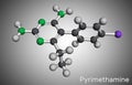 Pyrimethamine molecule. It is antiparasitic drug, used in the treatment of toxoplasmosis, malaria. Molecular model. 3D rendering