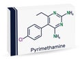 Pyrimethamine molecule. It is antiparasitic drug, used in the treatment of toxoplasmosis, malaria. Skeletal chemical formula.