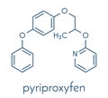 Pyriproxyfen pesticide molecule. Juvenile hormone analogue that prevents larvae from developing. Skeletal formula.