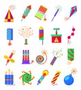 Pyrotechnics burning firework colored icons. Festival firecrackers and sparklers, crackers petards on white background Royalty Free Stock Photo