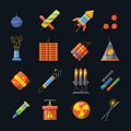 Pyrotechnics for holidays and different tools for fire show. Vector icons set in flat style