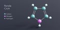 pyrrole molecule 3d rendering, flat molecular structure with chemical formula and atoms color coding